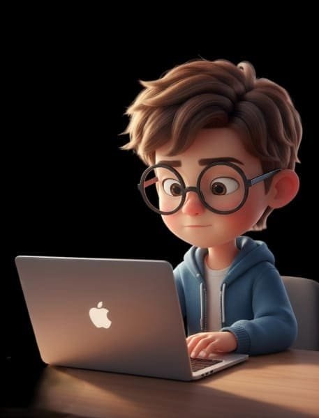 Young boy using a silver MacBook laptop with glasses, focused on screen.
